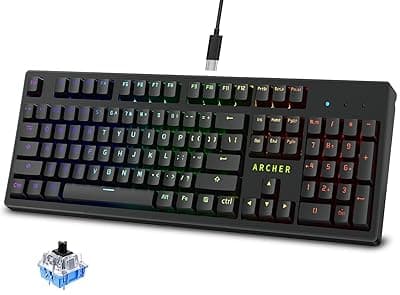 Archer Tech Lab Mechanical Gaming Keyboard, Clicky JERRZI Blue Switches, Full Anti-Ghosting Keys, 21 RGB Modes LED Backlit &amp; Music Visualizer, Braided USB-C Cable, PC/Mac/Linux – Software Customizable