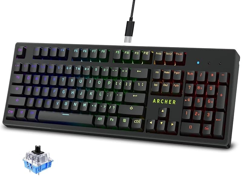Archer Tech Lab Mechanical Gaming Keyboard, Clicky JERRZI Blue Switches, Full Anti-Ghosting Keys, 21 RGB Modes LED Backlit &amp; Music Visualizer, Braided USB-C Cable, PC/Mac/Linux – Software Customizable