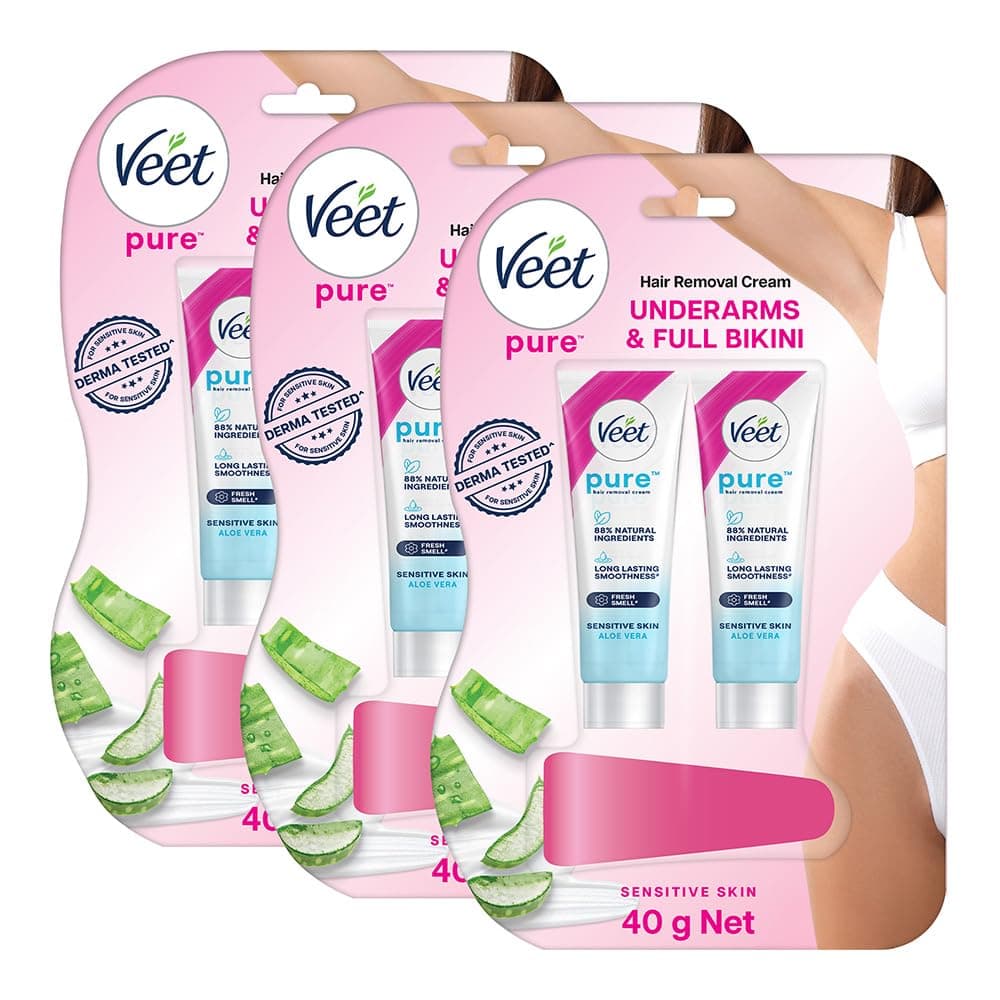 Veet Pure Hair Removal Cream for Women |Derma Tested* for Sensitive Skin (20g + 20g) (Pack of 3) | Safe for Underarms & Bikini | Gives you Smooth, Moisturized & Visibly Glowing Skin