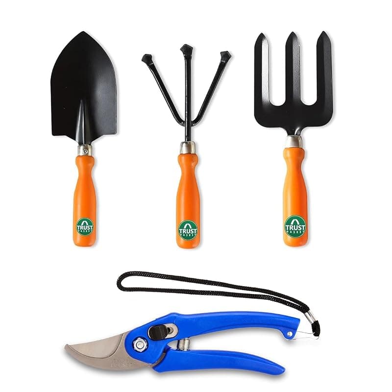 TrustBasket Set of 4 Gardening Tools Combo - Small Trowel, Cultivator, Fork & Pruner - Durable Garden Tools for Home Gardening Set, Gardening Tools Kit for Garden, Agriculture Tools & Gardening Items