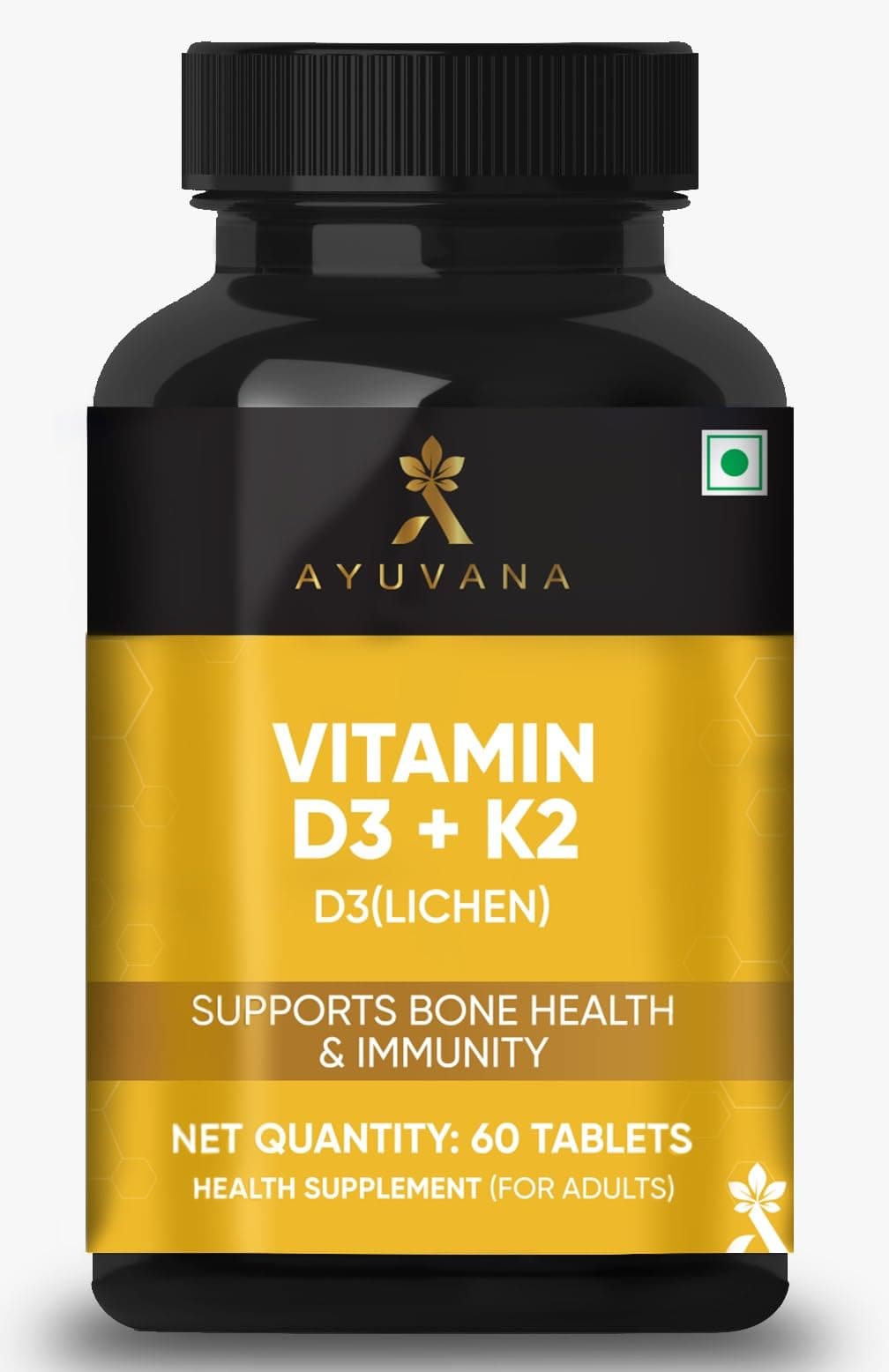 Ayuvana Vitamin D3 K2 Tablets (D3 from Lichen) | Supports Bone Health & Immunity | 600 IU D3 + 55 mcg K2 | D3 and K2 Supplement for Men and Women | 100% Veg 60 Tablets