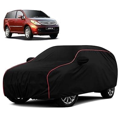 Sulfar 100% Water Resistant Car Body Cover Compatible with Mirror for Tata Aria (Triple Stitched, Full Bottom Elastic, Black with Red Piping)