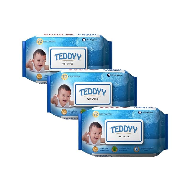 Teddyy Soft Cleansing Baby Wet Wipes with Lid | 216 Wipes | Special Germ Protection | Anti - Rash | Enriched With Aloe Vera and Vitamin E | 72 Wipes x 3 Packs