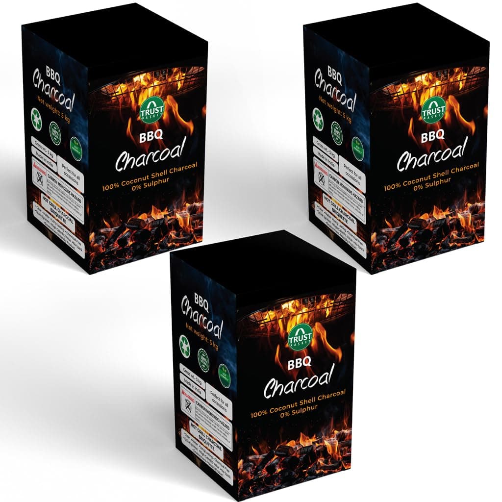 TrustBasket Charcoal Briquettes (5kg) with Free Starter Cubes - Long Burning Barbeque Charcoal with Low Smoke (Used in Grilling/Barbecue, Home) Set of 3