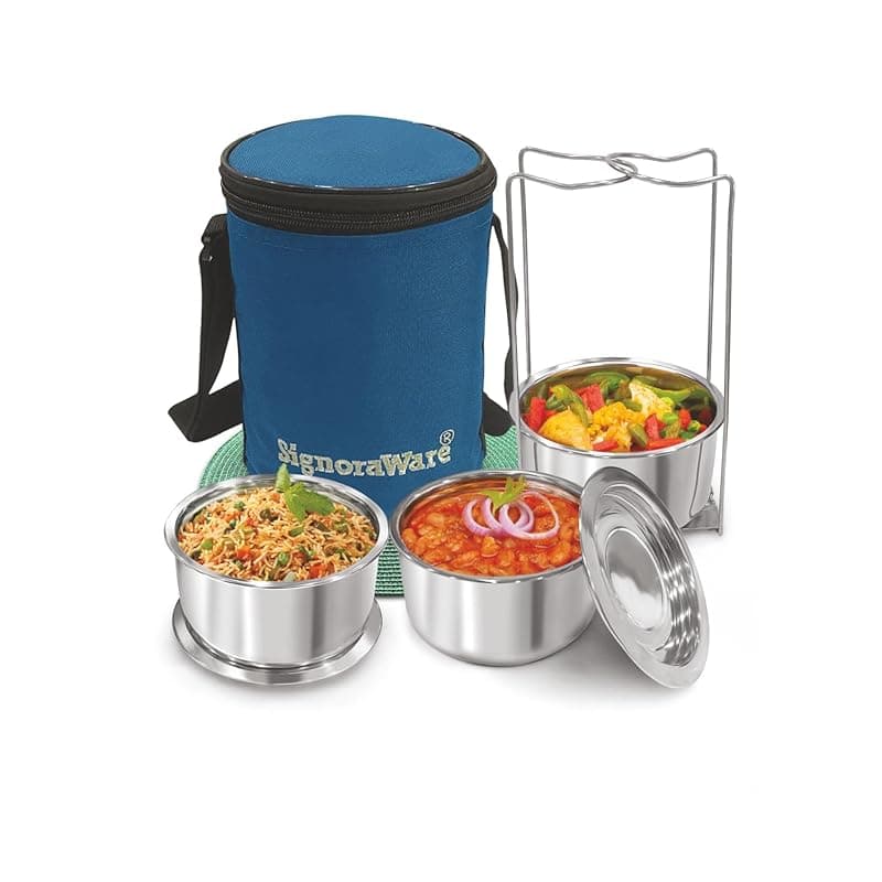 SignoraWare Fine Meal Stainless Steel Lunch Box | Airtight & Leakproof Lid | Compact & Lightweight | Tiffin for Office, School & Travel Use (300ml x 3 | Set of 3 | Steel)