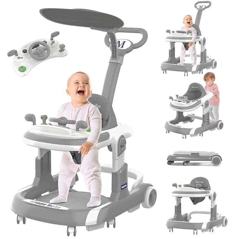 Careflection Baby Walker, 5 Modes Foldable Baby Walker with Wheels, Music, 4-Height Baby Toddler Walker with Push Handle, Baby Bouncer, Food Tray