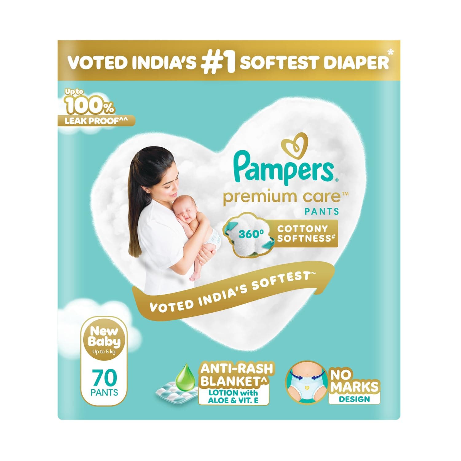 Pampers Premium Care Pant Style Baby Diapers, Newborn/X-Small (NB/XS), 70 Count, 4-6kg, All-in-1 with 360 Cottony Softness Diapers