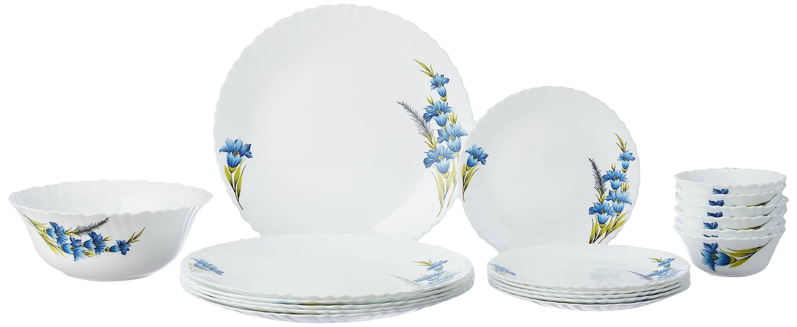 Larah by Borosil Nina Fluted Series Opalware Dinner Set Of 6 Full Plate, 6 Quarter Plates, 6 Veg Bowls and 1 Serving Bowl | Bone-Ash Free Crockery Set for Dining Table (White, 19 Pieces)