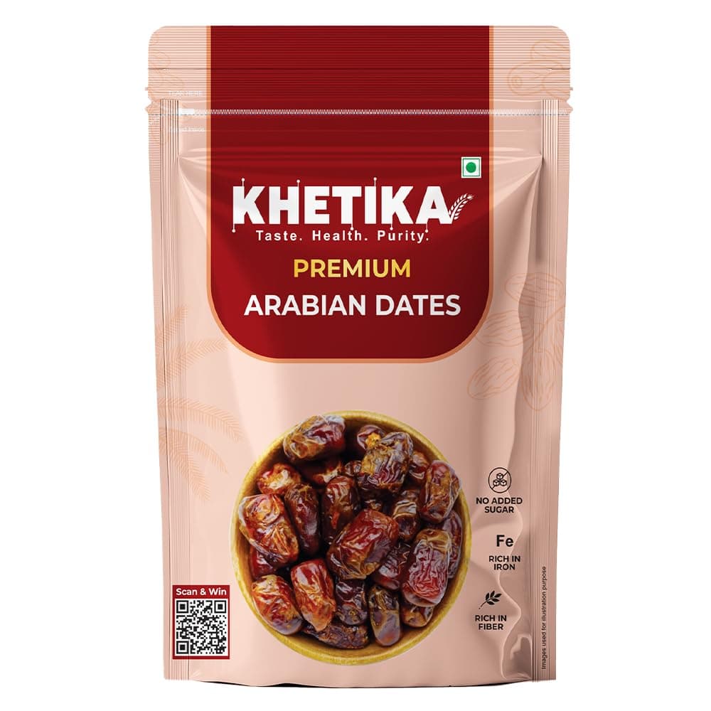 Khetika Premium Arabian Dates 500g | Khajur, Khajoor | Dry Fruits | Dates in Fresh | Healthy Snacks | Rich in Fibre | No Added Sugar