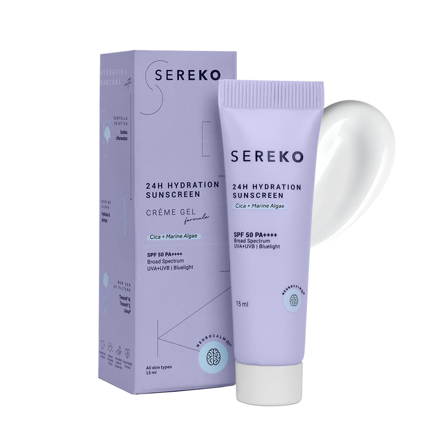 Sereko Sunscreen SPF 50 PA++++ Creme Gel with Zero White Cast for Women & Men | 24hrs Hydration, Quick Absorbing & Non Greasy | UVA+UVB & Blue Light Protection | Suitable to All Skin Type (15ml)