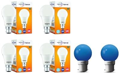 wipro 10W B22D LED Cool Day White Bulb, Pack of 4 (Garnet) Glass Safelite N10004 B22 0.5-Watt Led Night Lamp (Pack Of 2, Blue)