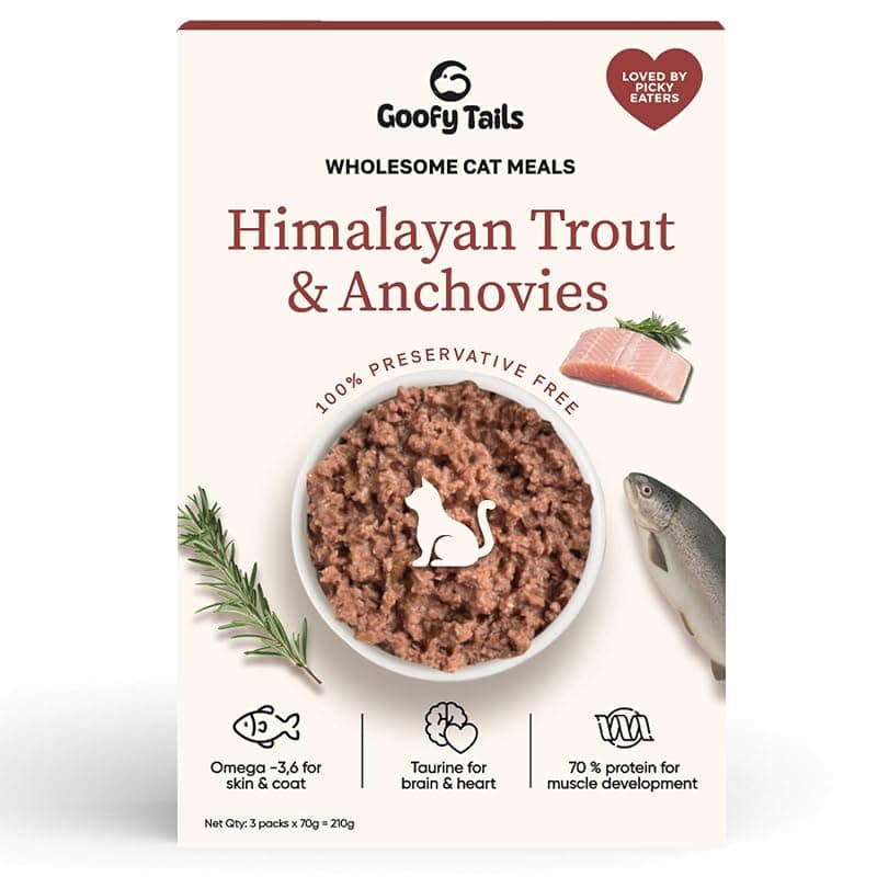 Goofy Tails Himalayan Trout &amp; Anchovies Cat Food 210g (70g X 3Pouches) | Grain &amp; Gluten Free | Preservative Free | High Protein | with Taurine, Omega 3 &amp; Antioxidants | for Cats &amp; Kittens