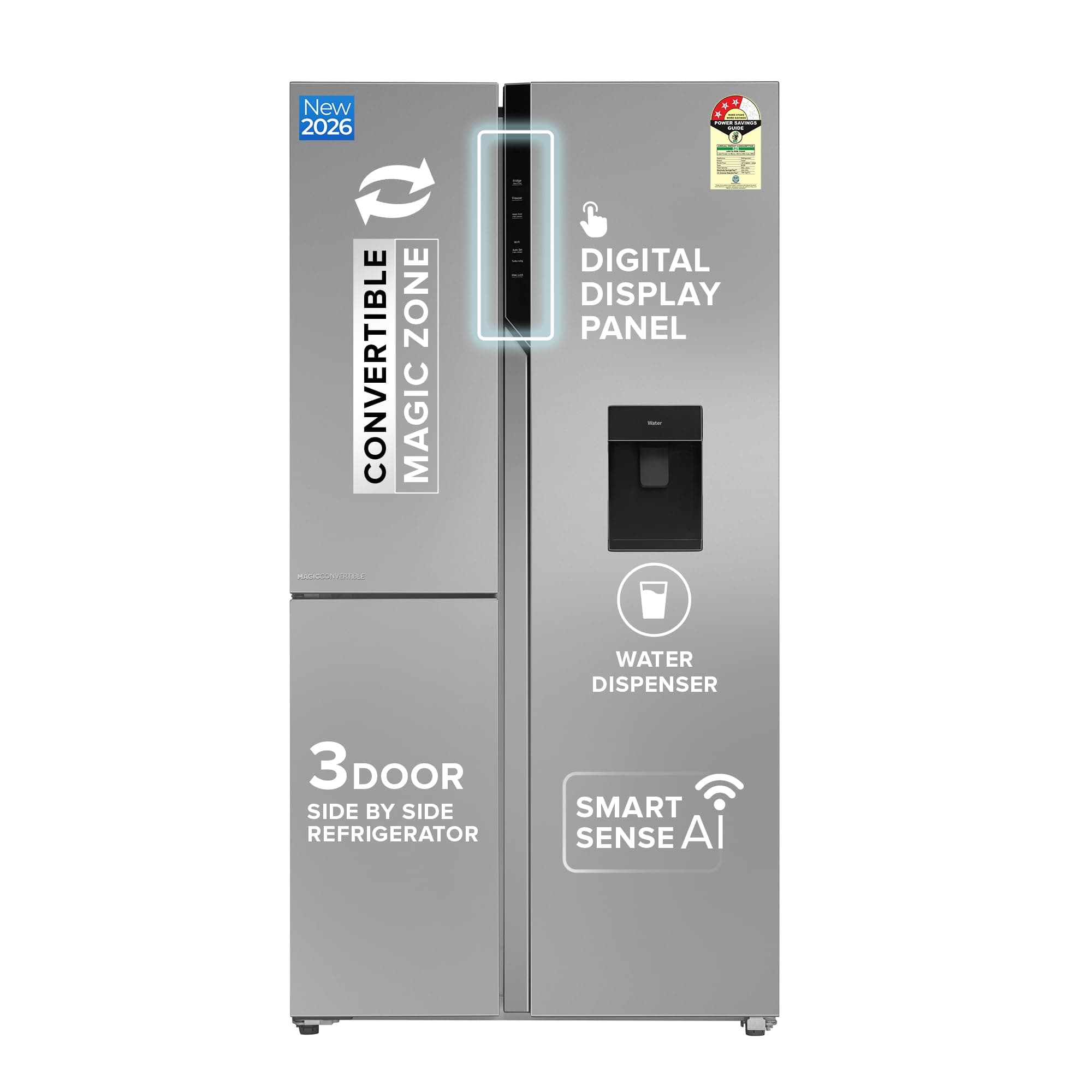 Haier 592L 3Star 3-Door Water Dispenser Side by Side Frost Free Refrigerator|Convertible|Wi-Fi|Inverter|Digital Display Panel|Deo Fresh Technology (HRT-683WISU1, Inox Steel)