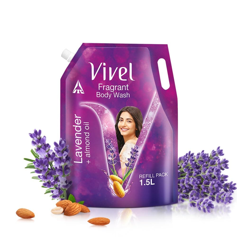 Vivel Fragrant Body Wash, Lavender & Almond Oil Shower Gel, 1300ml Supersaver XL Refill Pouch, Moisturizing Bodywash, Soft & Smooth Skin, Effective Cleansing, For Women & Men