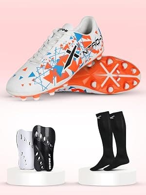 Vector X Mens Nitro-X Synthetic Leather Upper|TPU Sole Football Soccer Shoes/Studs with Socks &amp; Shinguard Combo Walking |Lace-Up|Comfortable Sports Footwear Shoe for Adult, Men &amp; Boys