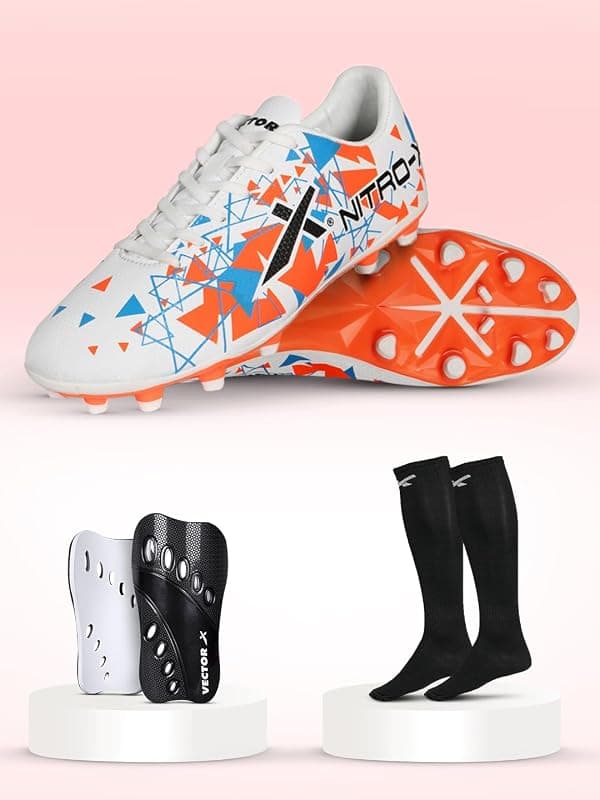 Vector X Mens Nitro-X Synthetic Leather Upper|TPU Sole Football Soccer Shoes/Studs with Socks &amp; Shinguard Combo Walking |Lace-Up|Comfortable Sports Footwear Shoe for Adult, Men &amp; Boys