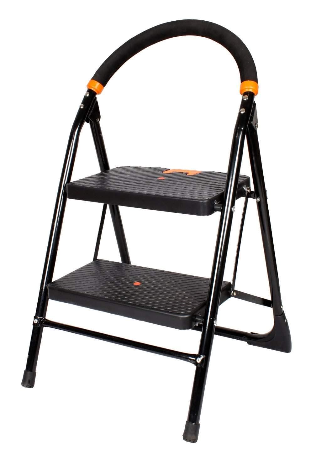 CIPLA PLAST 2 Step Ladder for Home use | Heavy Duty Alloy Steel Foldable Step Ladder with Anti Skid Shoes and Extra Strong Wide Steps Milano 2 Steps | GEC-L2M (Black)