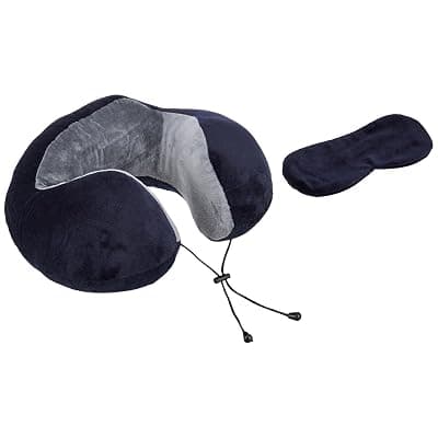 amazon basics Premium Travel Neck Pillow + Sleeping Eye Mask Combo with Portable Bag| Ergonomic | Orthopedic Support | Super Soft Fabric | Ideal for Flight, Car &amp; Travel Comfort (Navy Blue &amp; Gray)