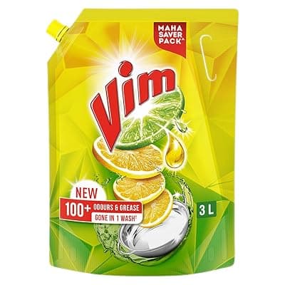 Vim Dishwash Liquid 3 L pouch | Removes 100+ Odours & Grease in 1 wash | With the power of 100 Lemons