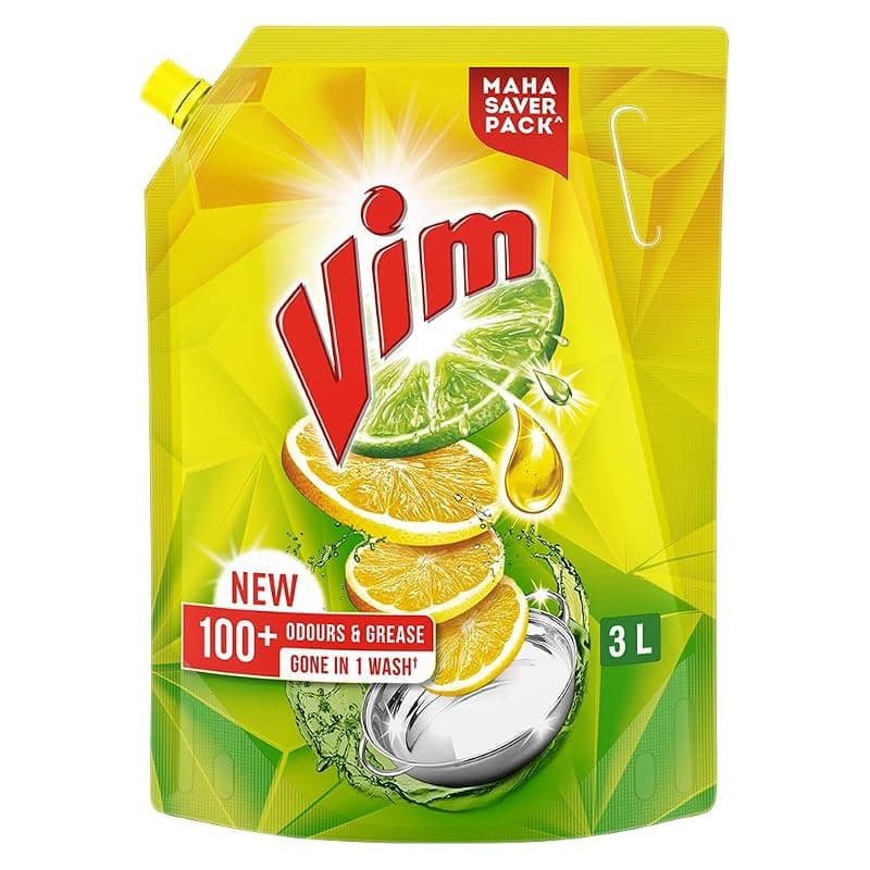 Vim Dishwash Liquid 3 L pouch | Removes 100+ Odours & Grease in 1 wash | With the power of 100 Lemons