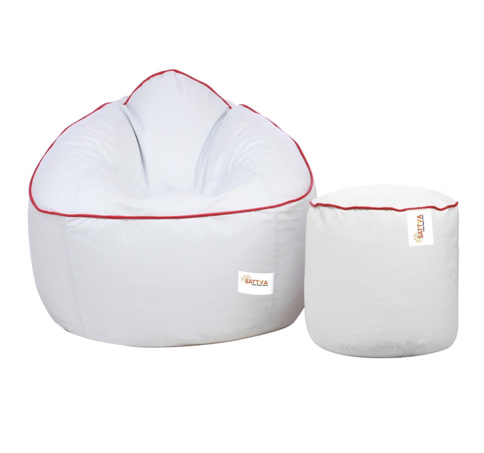 Sattva Combo Muddha Bean Bag Cover and Round Footstool Cover (Without Beans) - (White with Red Piping)
