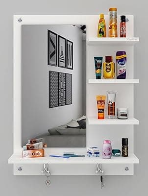 Captiver Bellezza Engineered Wood Wall Mounted Dressing Table Mirror (60x13x80 cm, White) Bathroom Bedroom Living Room Washbasin Furniture Makeup Organizers