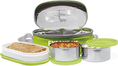 MILTON Executive Lunch Box, 2 Round Inner Steel Round Containers 280ml Each and 1 Microwave Safe Oval Plastic Container, 450ml with Insulated Bag, Office Tiffin for Leak-Proof, Easy to Carry, Green