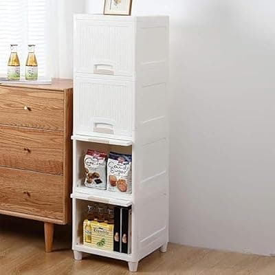 E-COSMOS Plastic Cupboard for Clothes Storage - Foldable Wardrobe Cabinet With Rack and Modular Drawer Storage Box (Single Door, 4 Tier)