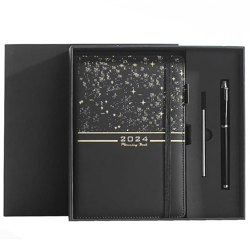ZIBUYU® A5 Diary For Men Black PU Leather Planner With Pen &amp; Refill, Refillable Daily Monthly Yearly Organizer Notebook, Professional Office Journal, Elegant Business Gift For Students And Gentlemen