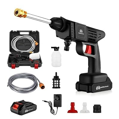 GoMechanic Car Washer High Pressure Gun | Cordless Pressure Washer with 2X Batteries &amp; 5M Hose Pipe | Rechargeable &amp; Portable | Use with Bucket | No Tap Required | Bike &amp; Car Cleaner