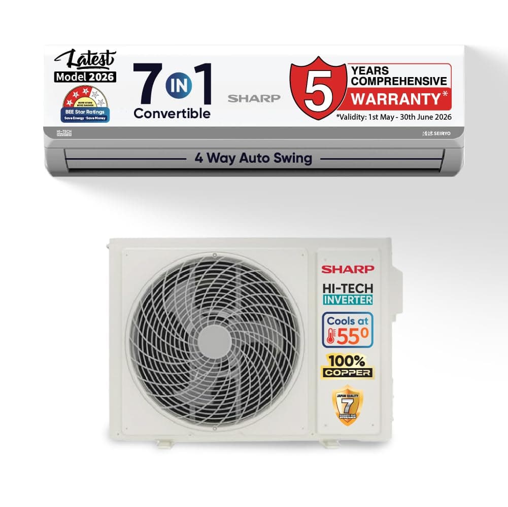 Sharp 1 Ton 3 star, New Star Rated,Split AC (5 Years comprehensive warranty, 4 Way Swing, 100% copper, Hi-Tech Inverter Compressor, 7in1 Convertible, Turbo cool, Dust filter) - AH-SI12V3B-GCN, White