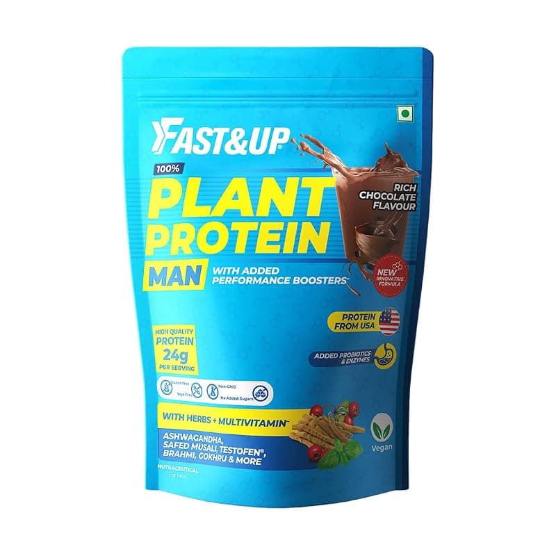 Fast&amp;Up Plant Protein for Man– Vegan Protein Drink for Man -Gluten Free- Enhance strength- Chocolate Flavor - Added Metabolic and performance Boosters-Added Digestive enzyme-27 servings