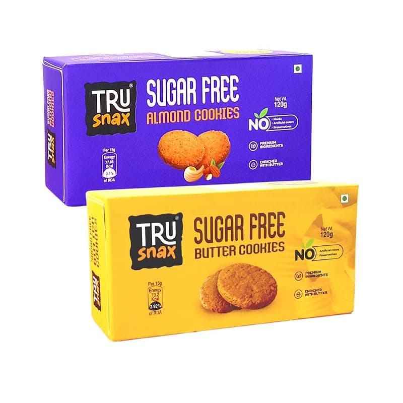 TruSnax Sugar-Free Cookies Combo Pack | Butter & Almond Cookies | No Preservatives | No Artificial Colours | 2 × 120g