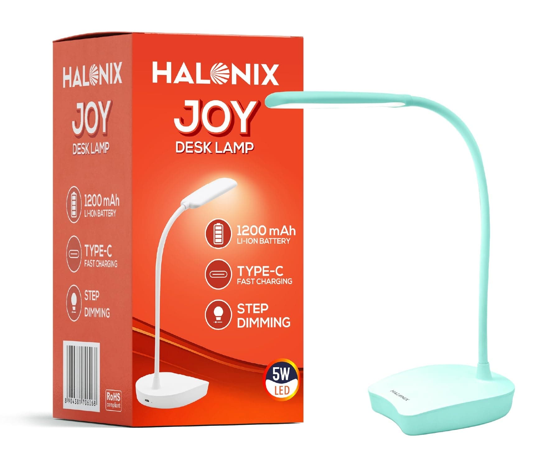 Halonix Joy Rechargeable Desk Lamp with C-Type Charging | LED Study Table Lamp with Step Dimming | Li-ion Battery | Portable Eye-Care Light for Study, Work & Home Use