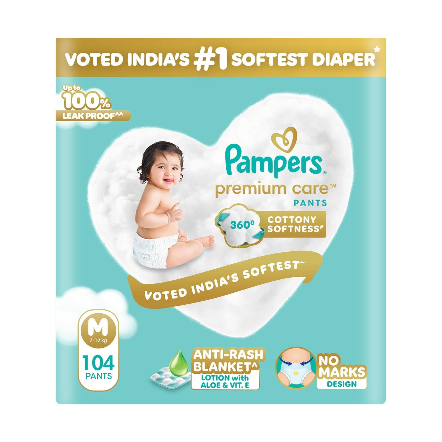 Pampers Premium Care Pant Style Baby Diapers | Medium (M size) | 104 Count | Voted India's Softest | All-in-1 with 360 Cottony Softness Diapers | 7-12kg