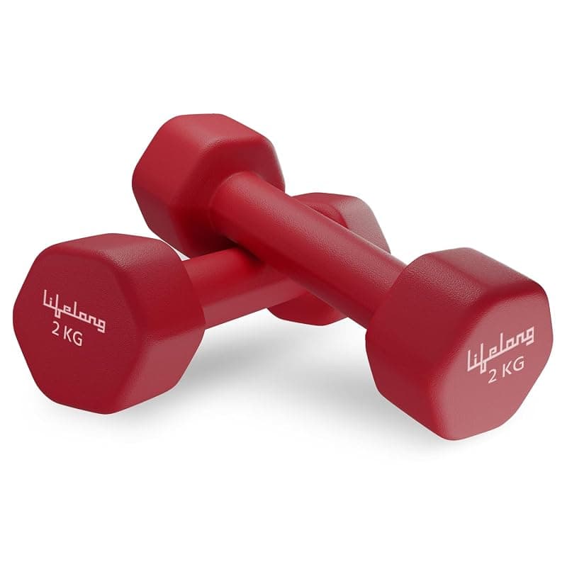 Lifelong Neoprene Dumbbells Set of 2 (2kg x 2) Fixed Weight Set for Home Gym, Fitness, Gym Exercise, Home Workout Weights for Men &amp; Women, Red
