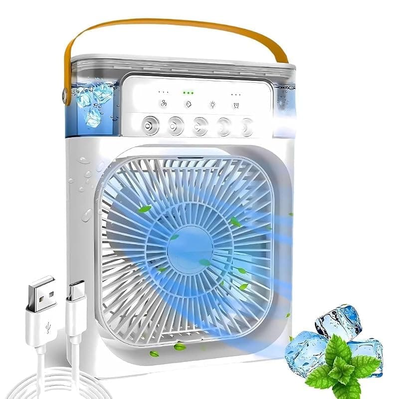 Portable USB Desk Fan with LED Light, Humidifier Function, 3-Speed Cooling, Adjustable Head, White