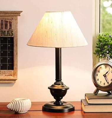 tu casa Off White Cotton Shade with Black Metal-Iron Base Table Lamp | Elegant Bedside & Desk Lamp for Bedroom, Living Room, Office, Home Décor & Gifting (Height : 17 Inch/No Blub Included)
