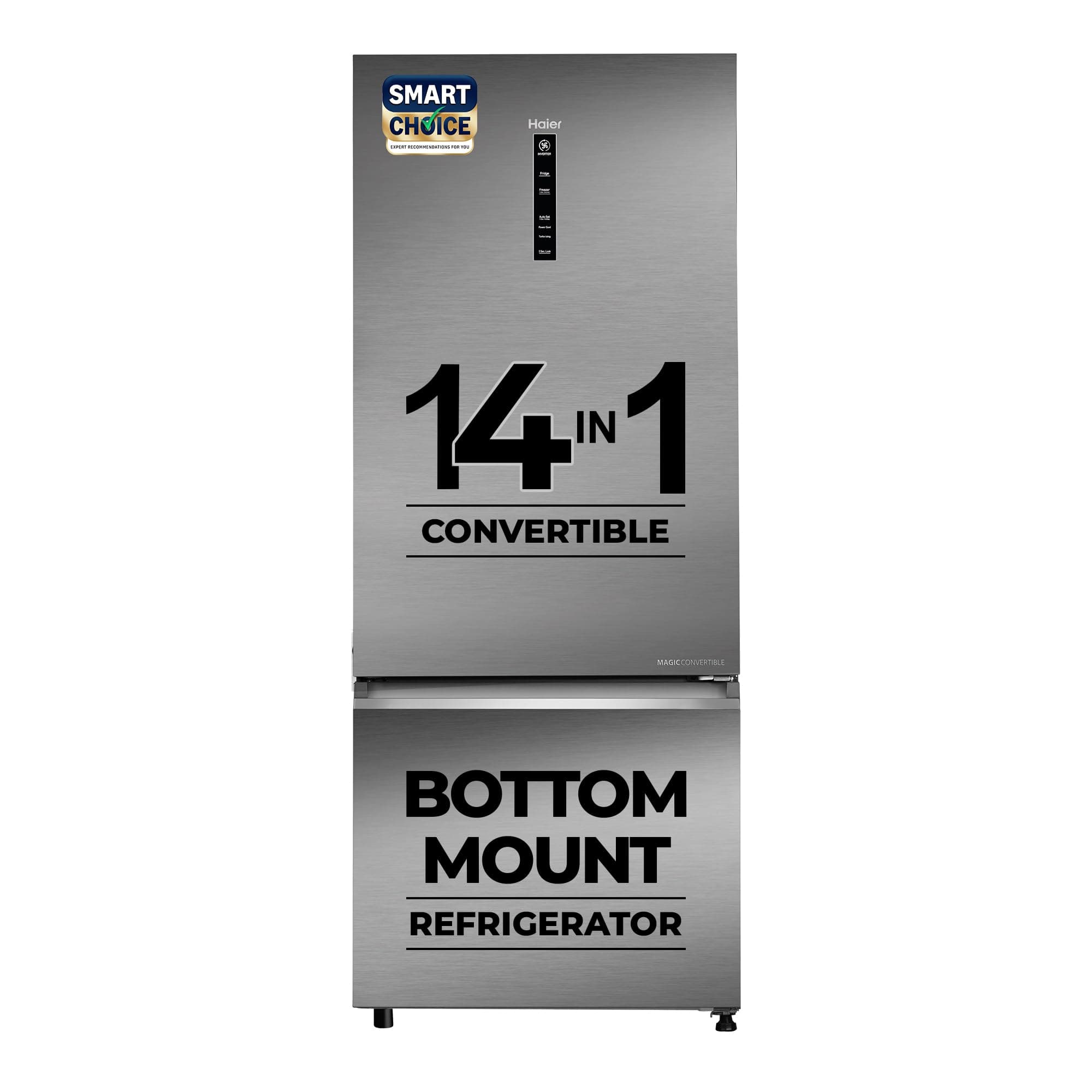 Haier SmartChoice 445 L 2 Star Frost Free Bottom Mount Double Door Refrigerator | Convertible 14-in-1 | Jhukna Mat-Bottom Freezer | Digital Display Panel | Triple Inverter (HEB-452TS-P, Inox Steel)