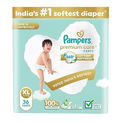 Pampers Premium Care Pant Style Baby Diapers | Extra-Large (XL size) | 36 Count | Voted India's Softest | All-in-1 with 360 Cottony Softness Diapers | 12-17kg