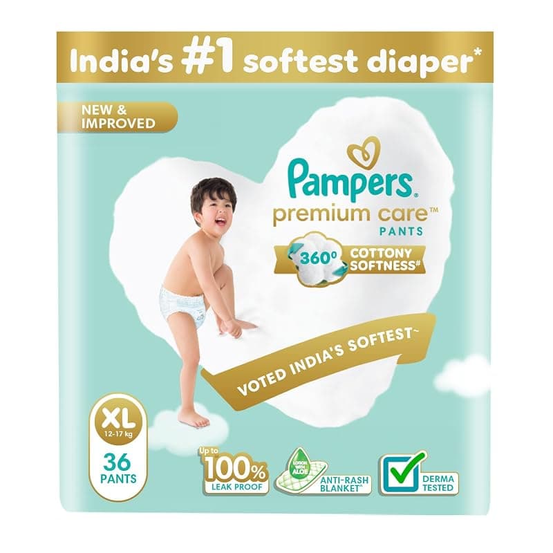 Pampers Premium Care Pant Style Baby Diapers | Extra-Large (XL size) | 36 Count | Voted India's Softest | All-in-1 with 360 Cottony Softness Diapers | 12-17kg