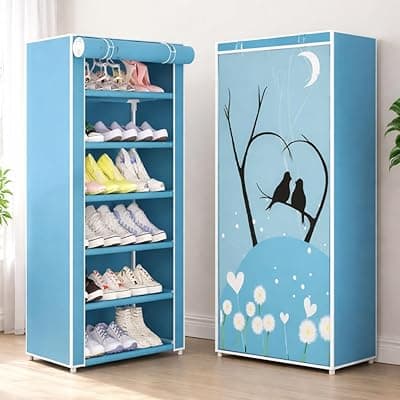 FLIPZON Premium 6-Tier Shoe Rack with Cover | Foldable Shoe Organizer Cabinet with Love Bird Design | Dustproof Fabric Shoe Stand for Home, Bedroom &amp; Entryway | Space Saving Storage (Blue)