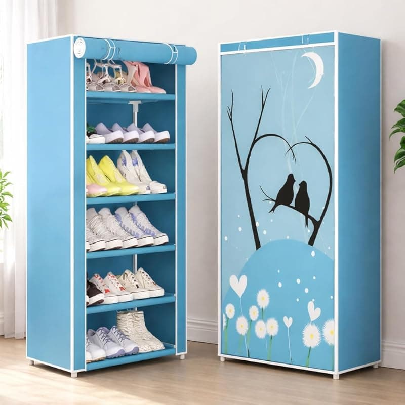 FLIPZON Premium 6-Tier Shoe Rack with Cover | Foldable Shoe Organizer Cabinet with Love Bird Design | Dustproof Fabric Shoe Stand for Home, Bedroom &amp; Entryway | Space Saving Storage (Blue)
