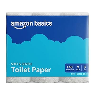 Amazon brand- Amazon Basics 3 ply Toilet tissue Paper Roll 1260 pulls | 140 pulls x 9 Rolls| Soft & Gentle| Chemical-Free