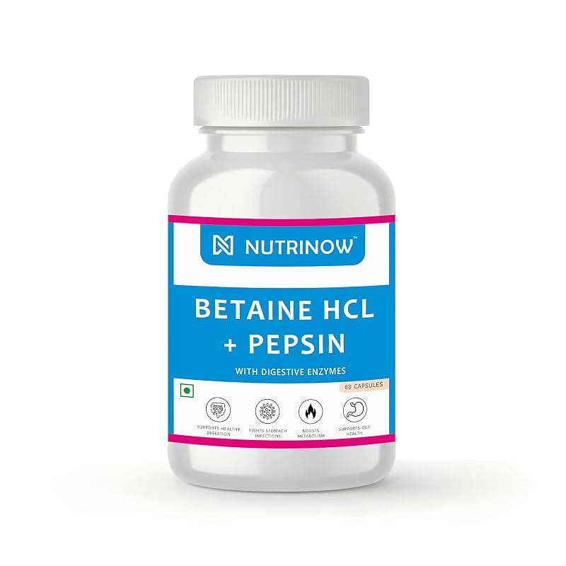 Betaine HCL + Pepsin | with Digestive Enzymes | Supports Healthy gut, Digestion problems and Boosts Metabolism (60 Capsules)