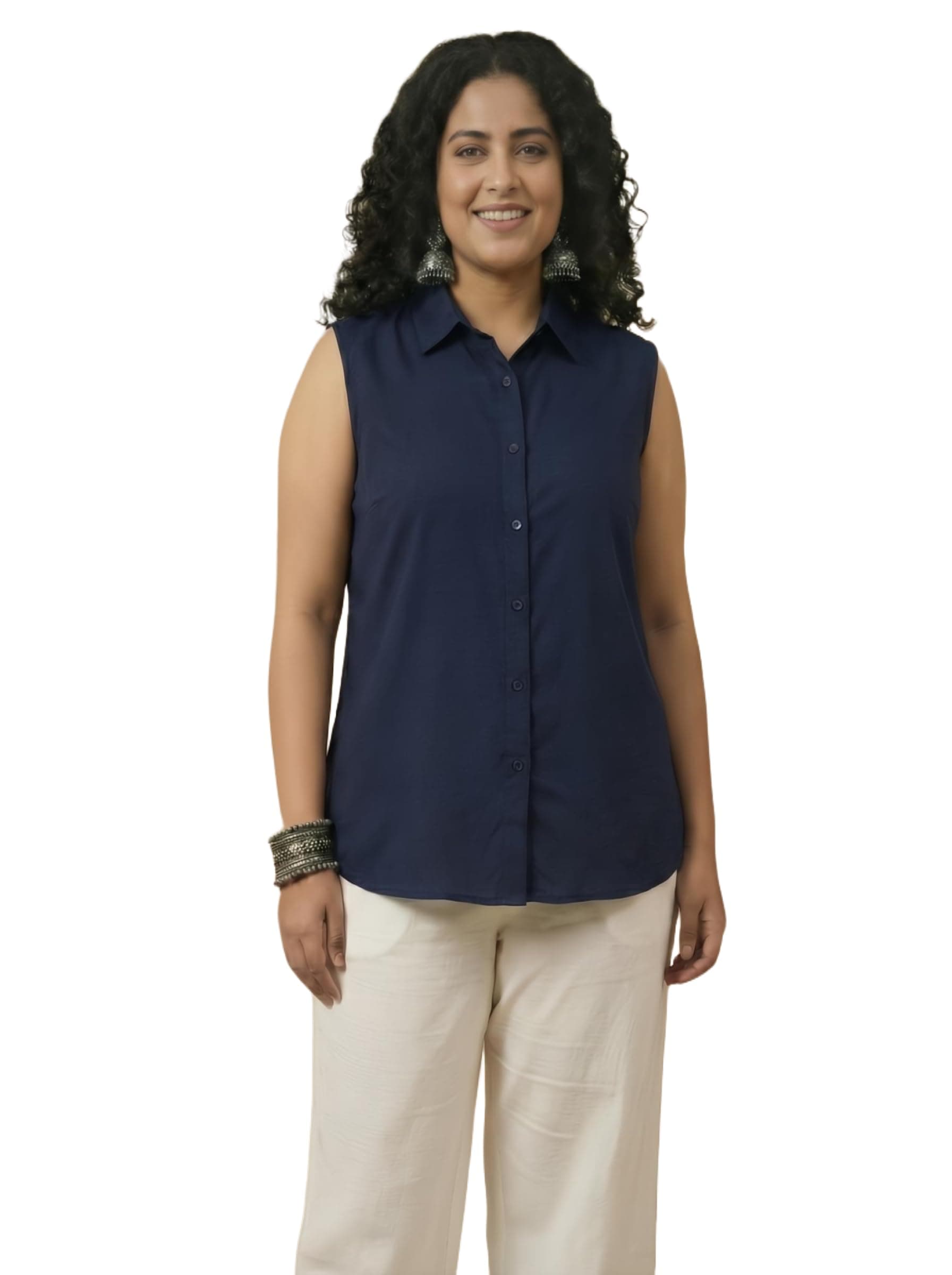 Angoori Fashion Women Plus Size Sleeveless Button Down Shirt Polyester Formal Office Casual Wear Classic Fit Professional Shirt