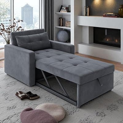 FURNY Tressa 1 Seater Pull-Out Premium Fabric Sofa Cum Bed Sofa Set for Living Room (Dark Grey Color Fabric)