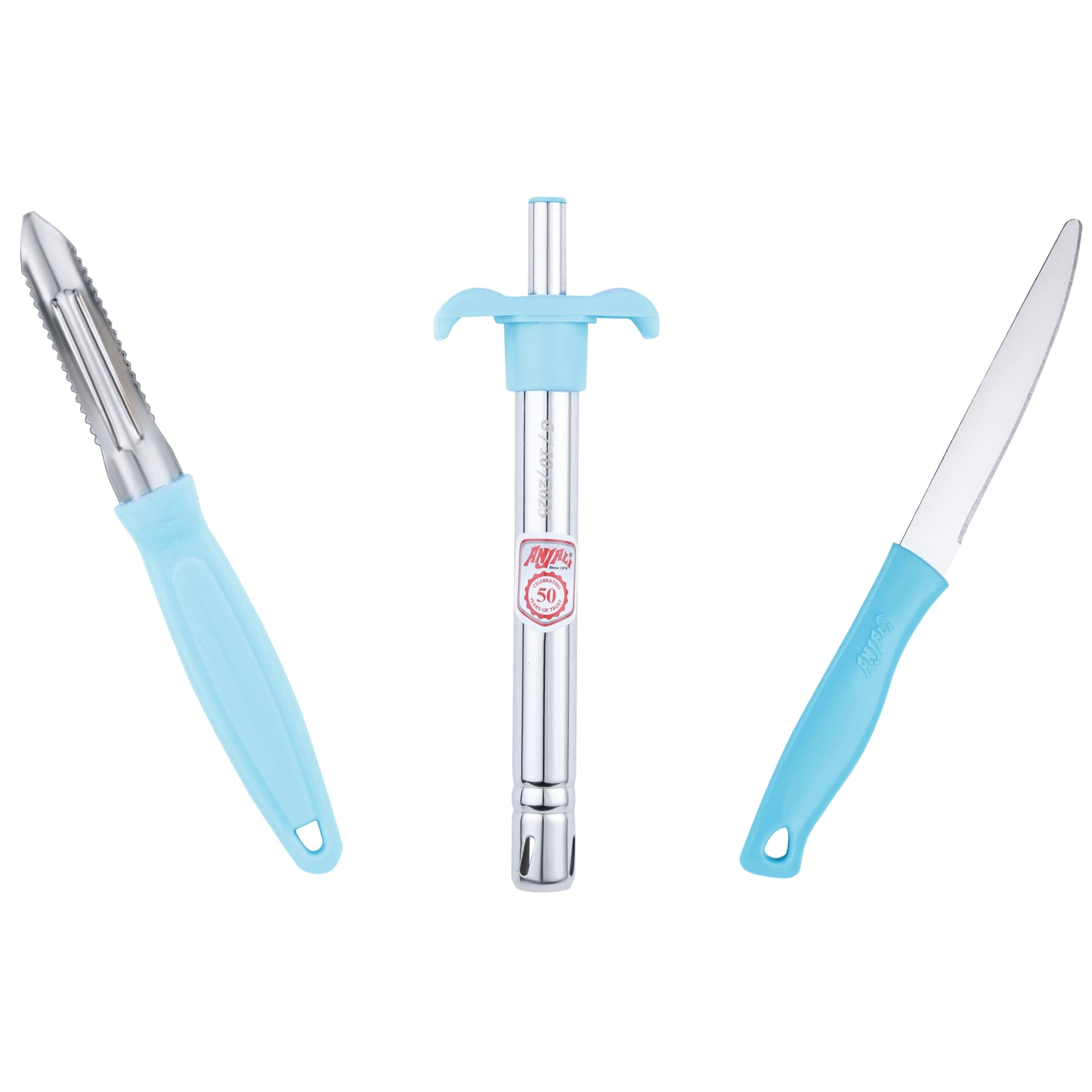 Anjali 3-Piece Kitchen Tool Set – 1 Knife, 1 Peeler, 1 Lighter – Ideal for Cooking, Food Prep, and Daily Uses in Home and Kitchen- Blue