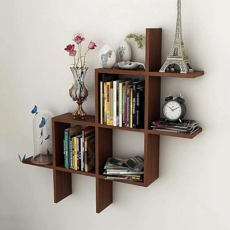 Furniture Café Wooden Wall Mounted Bookshelf – Multi-Grid Display &amp; Storage Rack for Books, Décor, and Home Organization (Brown)