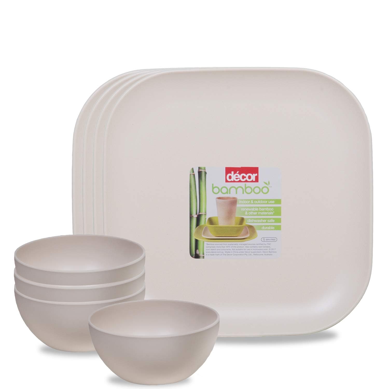 Decor EcoLite Bamboo Non Toxic Eco-Friendly Reusable 4 Small Plates and 4 Bowls Dinner Set for Couples (Natural White) - 8 Pieces